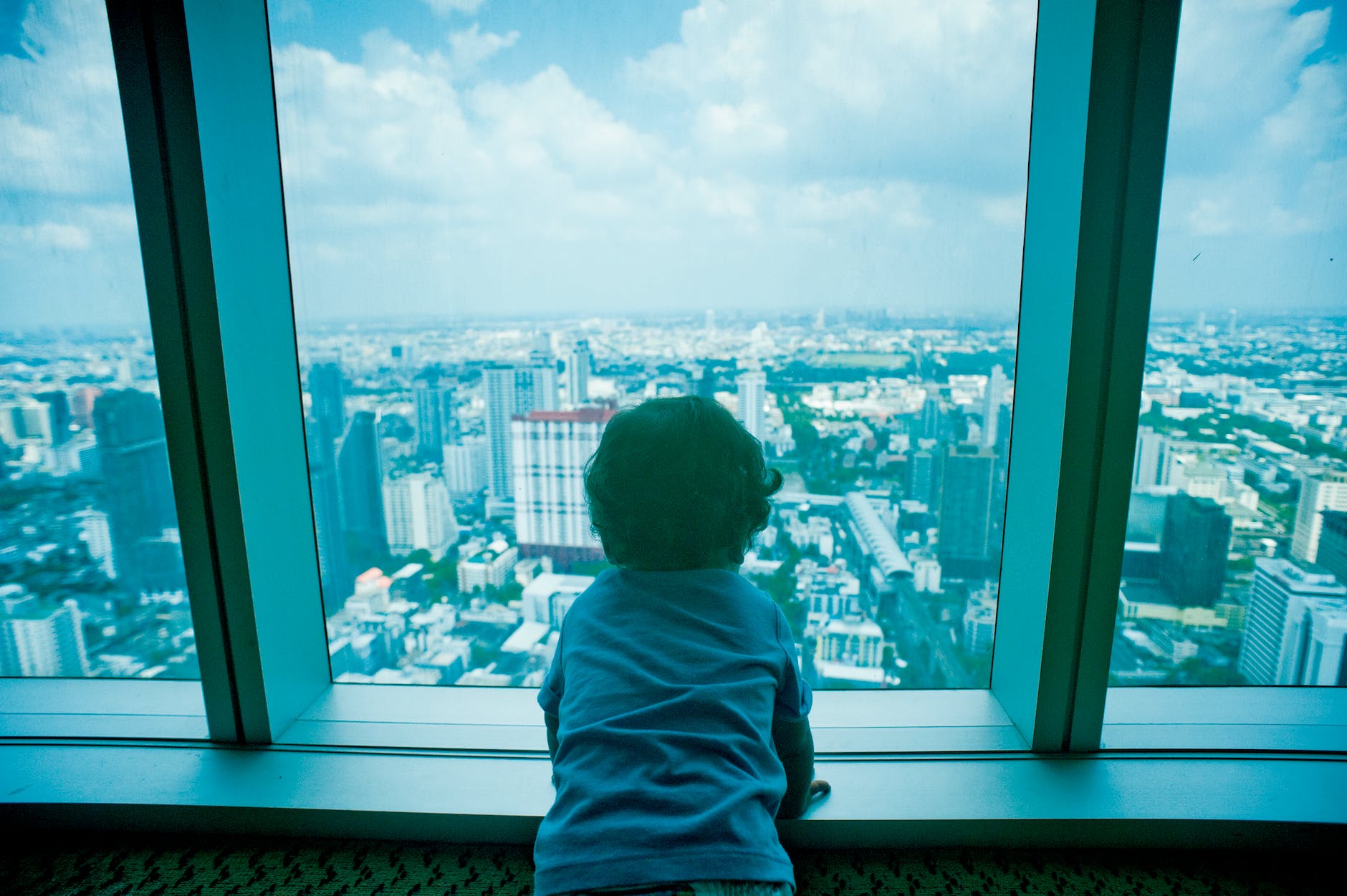 toddler looking through clear glass window